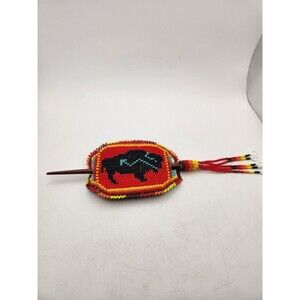 Handmade Beaded Buffalo Hair Barrette Stick Slide Leather Backed